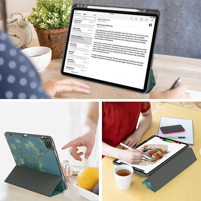 Ipad Pro 12.9 Case 2021/2022 5Th/6Th Generation with Pencil Holder,Slim Lightweight Trifold Stand Case【Pencil Charging+Auto Sleep/Wake】 Soft TPU Back Cover for Ipad Pro 12.9-Apricot Blossom